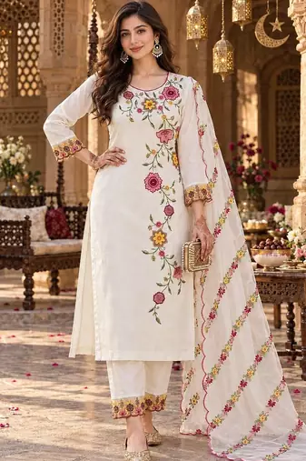 floral embroidered thread work chanderi silk kurta with trousers & dupatta