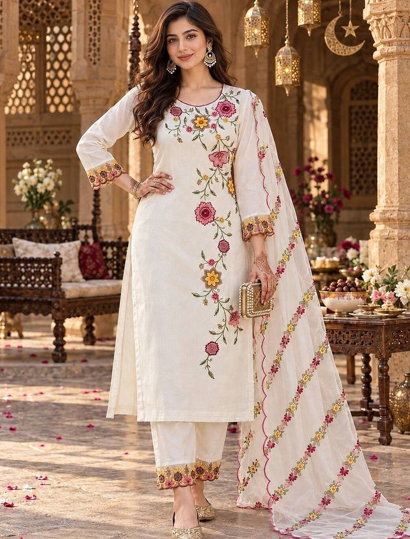 floral embroidered thread work chanderi silk kurta with trousers & dupatta