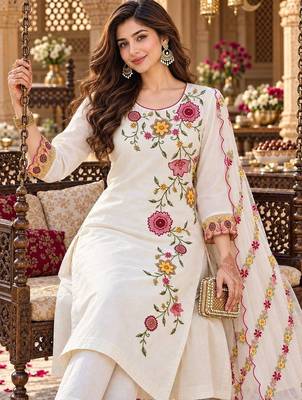 floral embroidered thread work chanderi silk kurta with trousers & dupatta 2