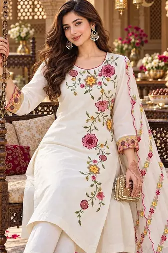 floral embroidered thread work chanderi silk kurta with trousers & dupatta