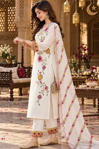 floral embroidered thread work chanderi silk kurta with trousers & dupatta