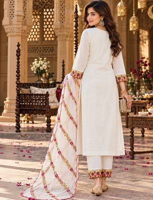 floral embroidered thread work chanderi silk kurta with trousers & dupatta 4
