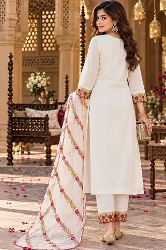 floral embroidered thread work chanderi silk kurta with trousers & dupatta