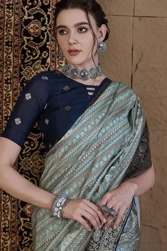 Blue ethnic motifs zari silk blend sungudi saree