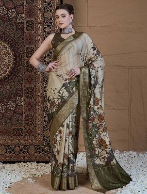 Beige floral zari silk blend sungudi saree 1
