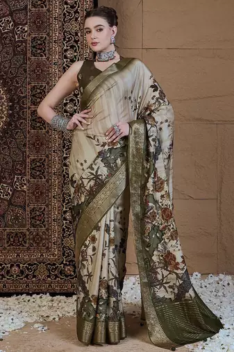Beige floral zari silk blend sungudi saree