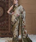Beige floral zari silk blend sungudi saree