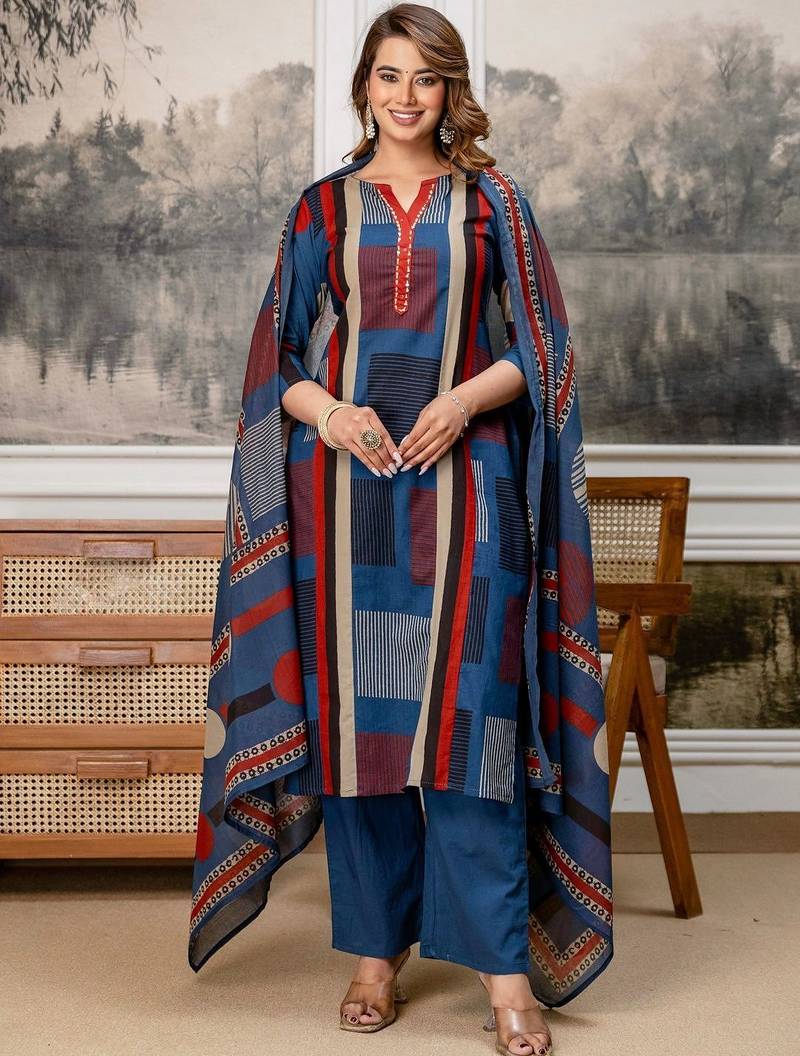 women embroidered sequinned  cotton kurta with trousers & with dupatta