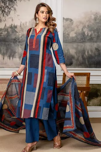 women embroidered sequinned  cotton kurta with trousers & with dupatta