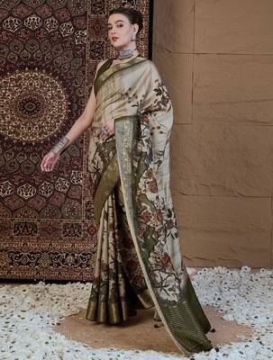Beige floral zari silk blend sungudi saree 2