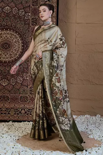 Beige floral zari silk blend sungudi saree