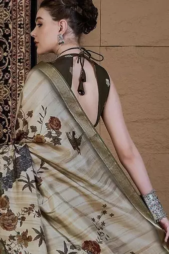Beige floral zari silk blend sungudi saree