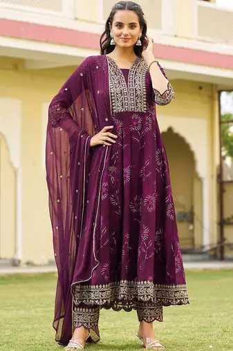 women floral printed empire mirror work kurta with pyjamas & with dupatta