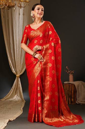Red red & gold-toned ethnic motifs zari satin banarasi saree
