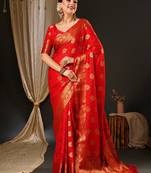 Red red & gold-toned ethnic motifs zari satin banarasi saree