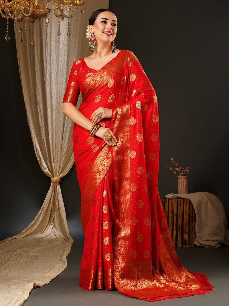 Red red & gold-toned ethnic motifs zari satin banarasi saree