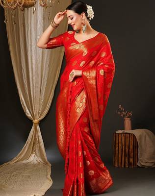 Red red & gold-toned ethnic motifs zari satin banarasi saree 2