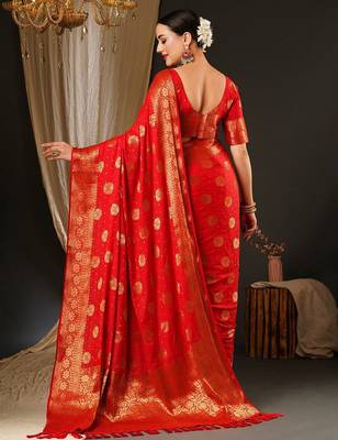 Red red & gold-toned ethnic motifs zari satin banarasi saree 3