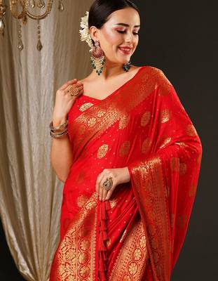 Red red & gold-toned ethnic motifs zari satin banarasi saree 4
