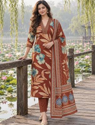women floral printed regular  cotton kurta with trousers & with dupatta 1