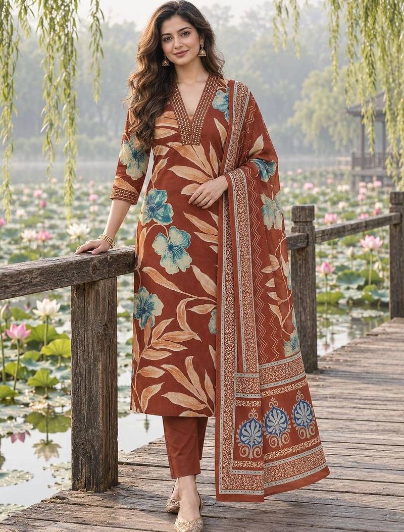 women floral printed regular  cotton kurta with trousers & with dupatta