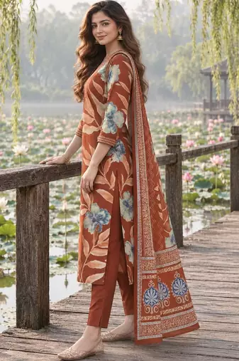 women floral printed regular  cotton kurta with trousers & with dupatta