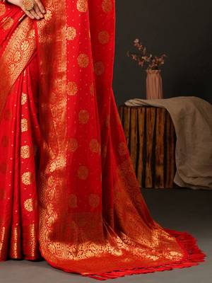 Red red & gold-toned ethnic motifs zari satin banarasi saree 5
