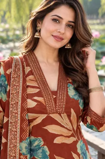 women floral printed regular  cotton kurta with trousers & with dupatta