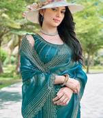 Blue solid beads and stones organza saree