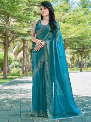 Blue solid beads and stones organza saree 3