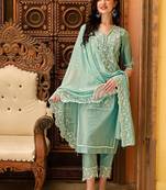 floral embroidered v-neck three-quarter sleeves cotton kurta set