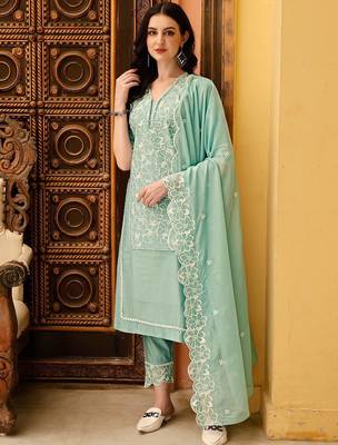 floral embroidered v-neck three-quarter sleeves cotton kurta set 6