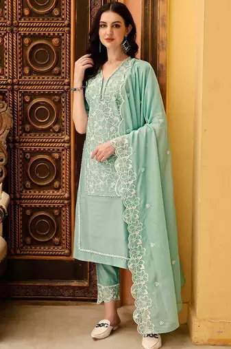 floral embroidered v-neck three-quarter sleeves cotton kurta set