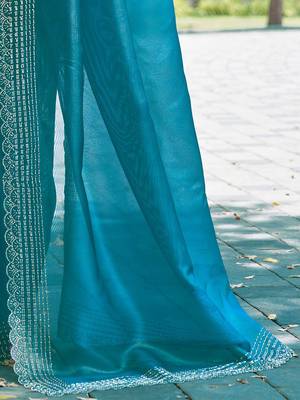 Blue solid beads and stones organza saree 5