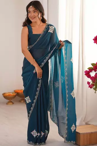 Teal embellished mirror work tissue heavy work saree