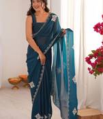 Teal embellished mirror work tissue heavy work saree