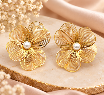 Anti-tarnish filigree petal design, statement studs, women's jewellery, lightweight metal, festive wear 2