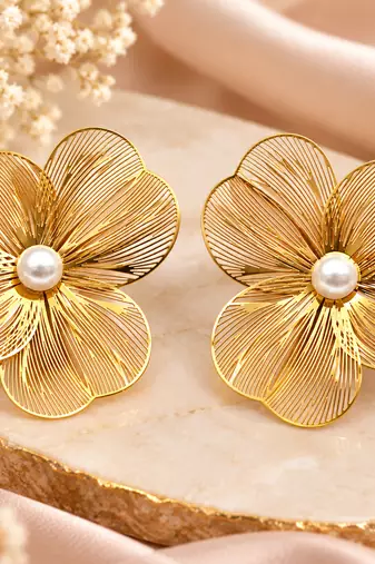 Anti-tarnish filigree petal design, statement studs, women's jewellery, lightweight metal, festive wear