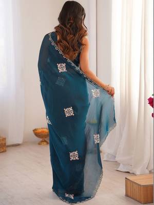 Teal embellished mirror work tissue heavy work saree 3