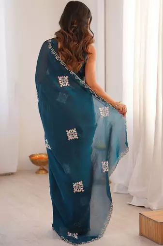 Teal embellished mirror work tissue heavy work saree