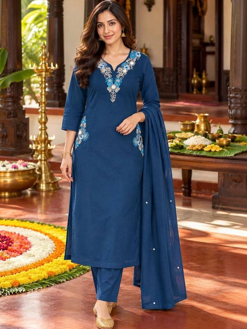 women ethnic motifs embroidered regular thread work  cotton kurta with trousers & with