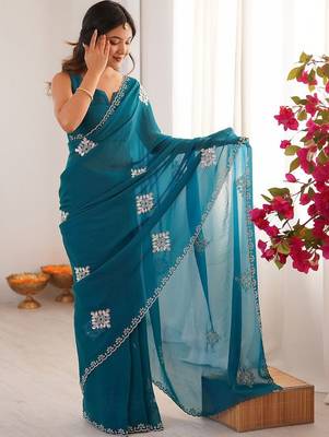 Teal embellished mirror work tissue heavy work saree 1