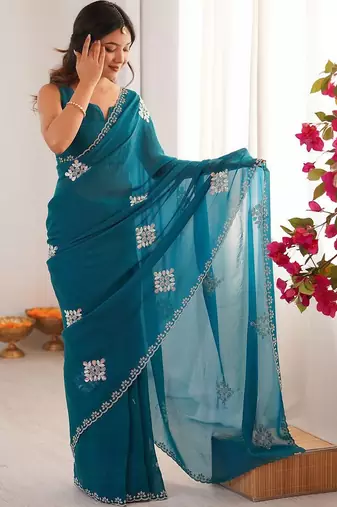 Teal embellished mirror work tissue heavy work saree
