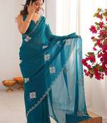 Teal embellished mirror work tissue heavy work saree
