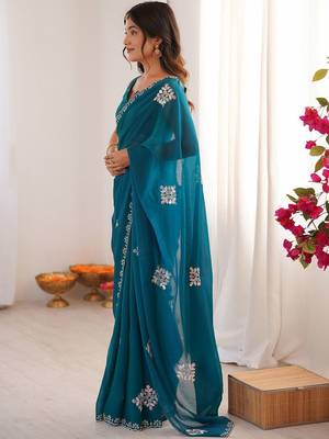 Teal embellished mirror work tissue heavy work saree 2