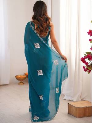 Teal embellished mirror work tissue heavy work saree 3