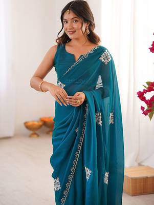 Teal embellished mirror work tissue heavy work saree 4