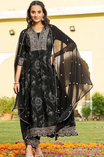 women floral printed panelled thread work kurta with trousers & with dupatta