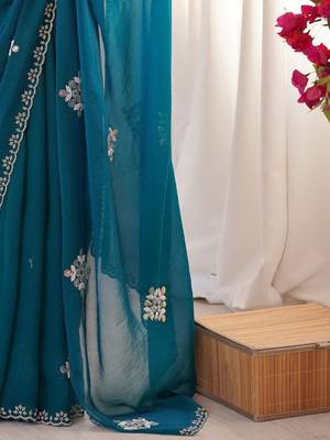 Teal embellished mirror work tissue heavy work saree 5
