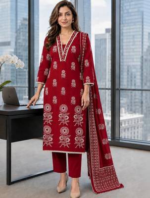 women ethnic motifs printed regular mirror work  cotton kurta with trousers & with dupatta 1